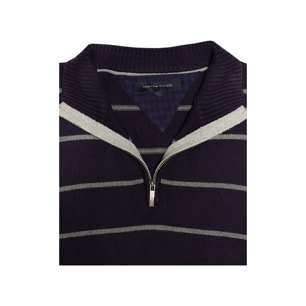 Tommy Hilfiger - Quarter-Zip Striped Sweater L Purple/Grey